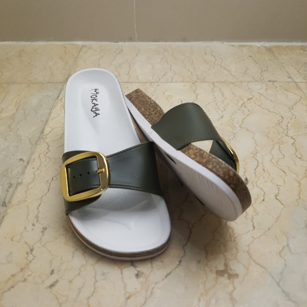 Sandal Slop Karet Birken Wanita Putih Kombinasi Ban 1 Gesper Kotak MKY J2213 36-41