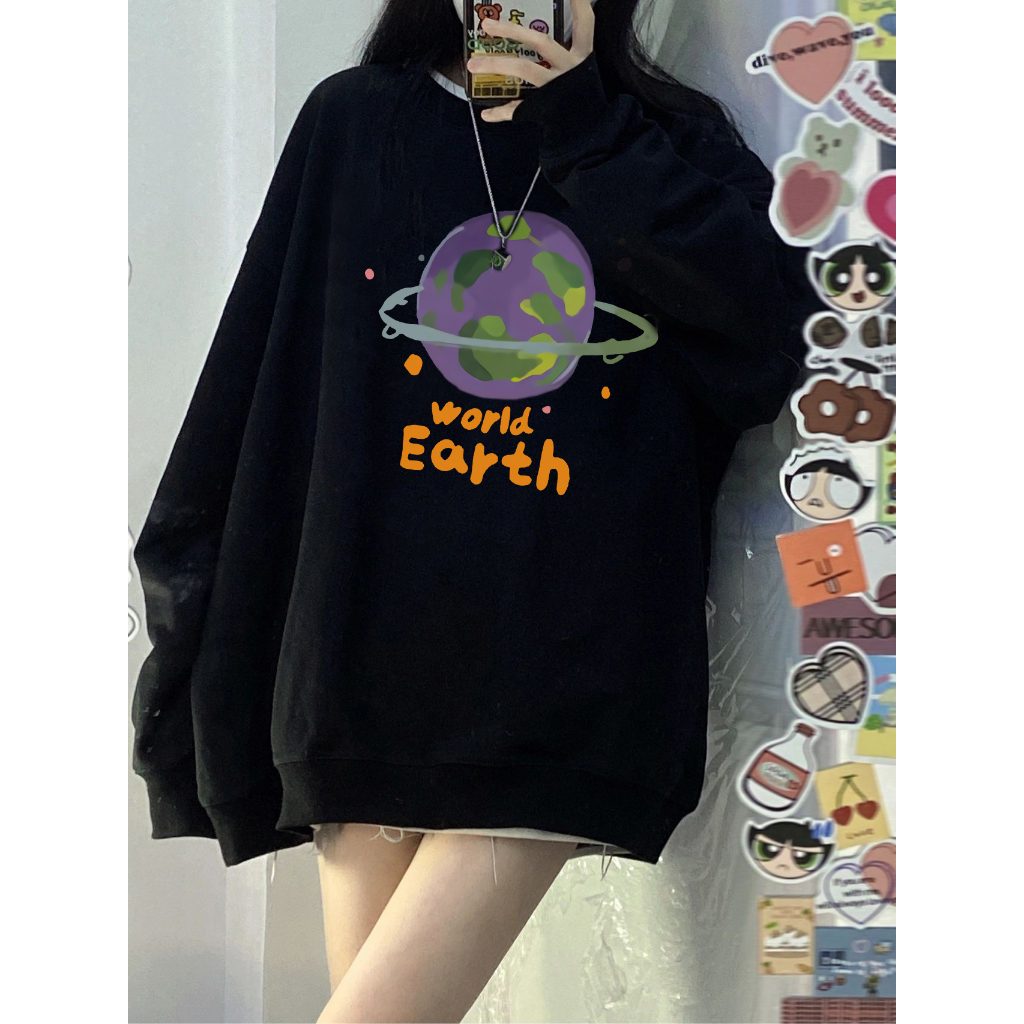 EUNII Sweater Lengan Panjang Cartoon Earth World Printing Korean Style/Sweater Crop/Baju Wanita/Switer Wanita/Switer