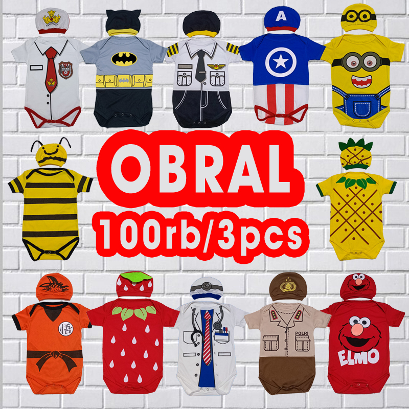 kaos baju jumper bayi karakter romper jamper set pakaian laki laki perempuan newborn profesi buah he