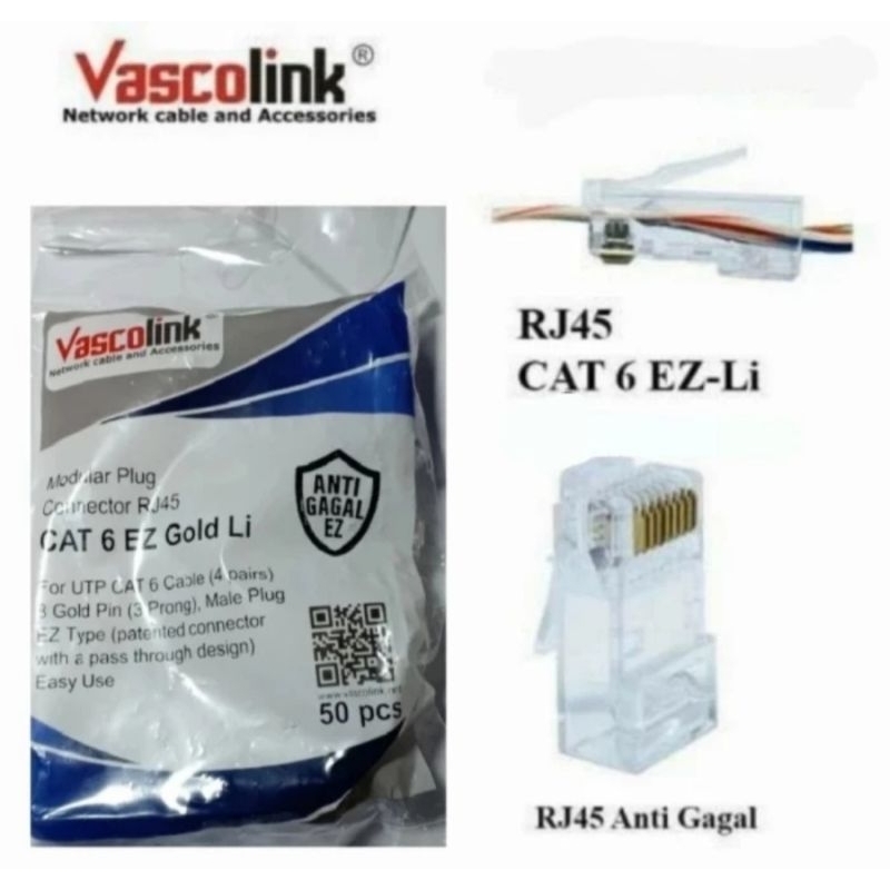 RJ45 CAT6 Vascolink RJ 45 Cat 6 1 Tembus Anti gagal PACK IsI 50