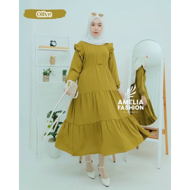 NAILA MIDI DRESS ORI AMELIA FASHION OUTFIT REMAJA MODERN KEKINIAN DRESS LEBARAN CRINGKLE TERBARU