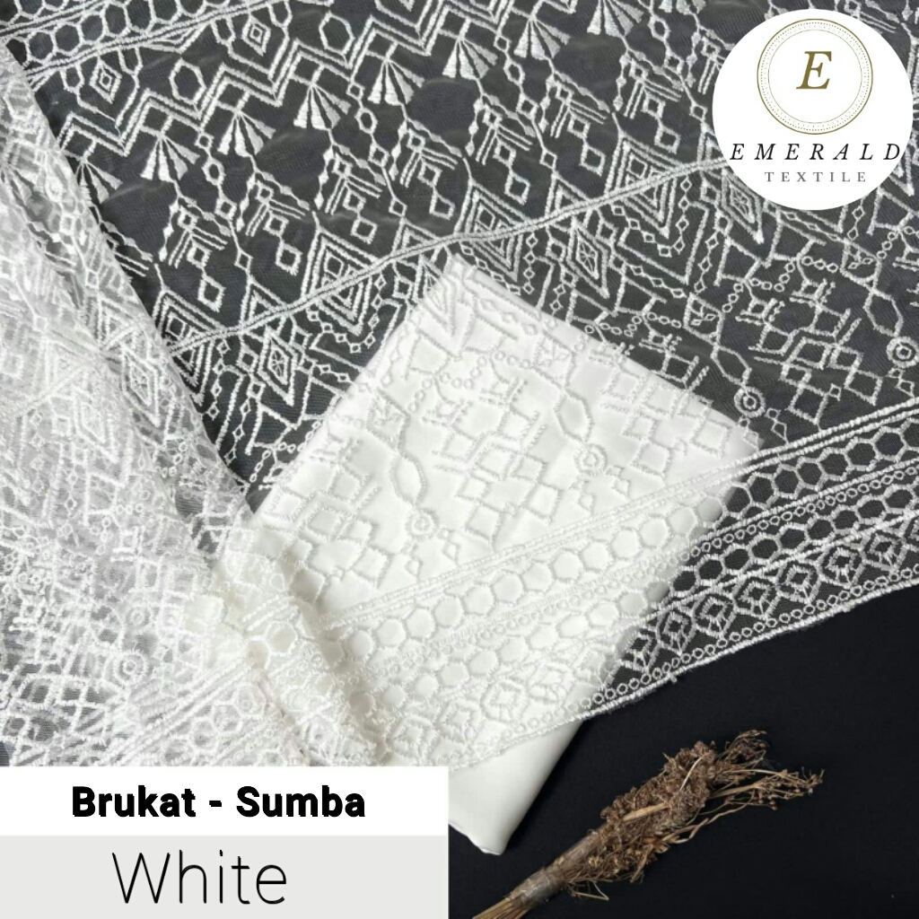 SETENGAH METER Kain Brukat Tile Prancis Premium Bahan Kebaya Motif Sumba - White ( HARGA PER 50cm KAIN )