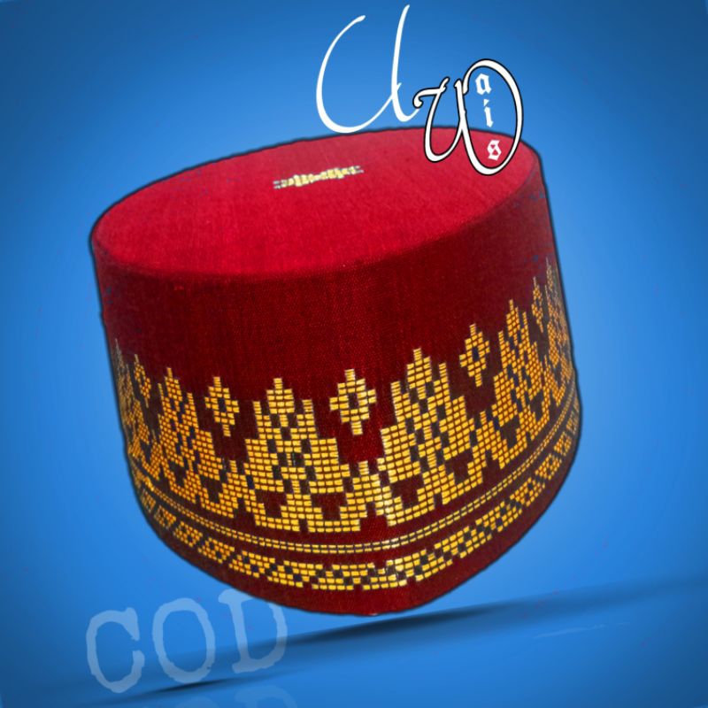 SONGKOK PECI MERAH BETAWI LIS EMAS TENUN KOPYAH SONGKET ORIGINAL DIPAKAI SANTRI