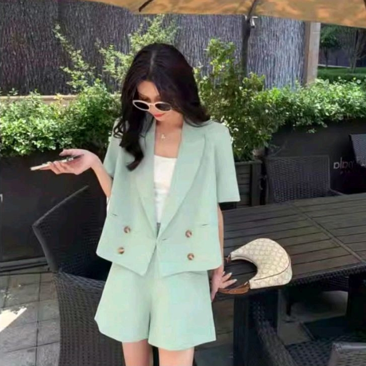5815 ONESET Setelan baju blazer lengan pendek set celana pendek hotpants polos Korea Korean style wa