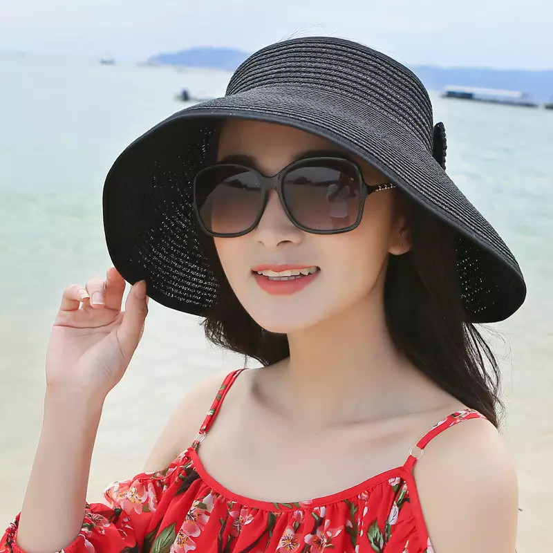 Topi Visor Matahari Lipat Pita Topi Kertas Visor Jerami Portabel Hitam