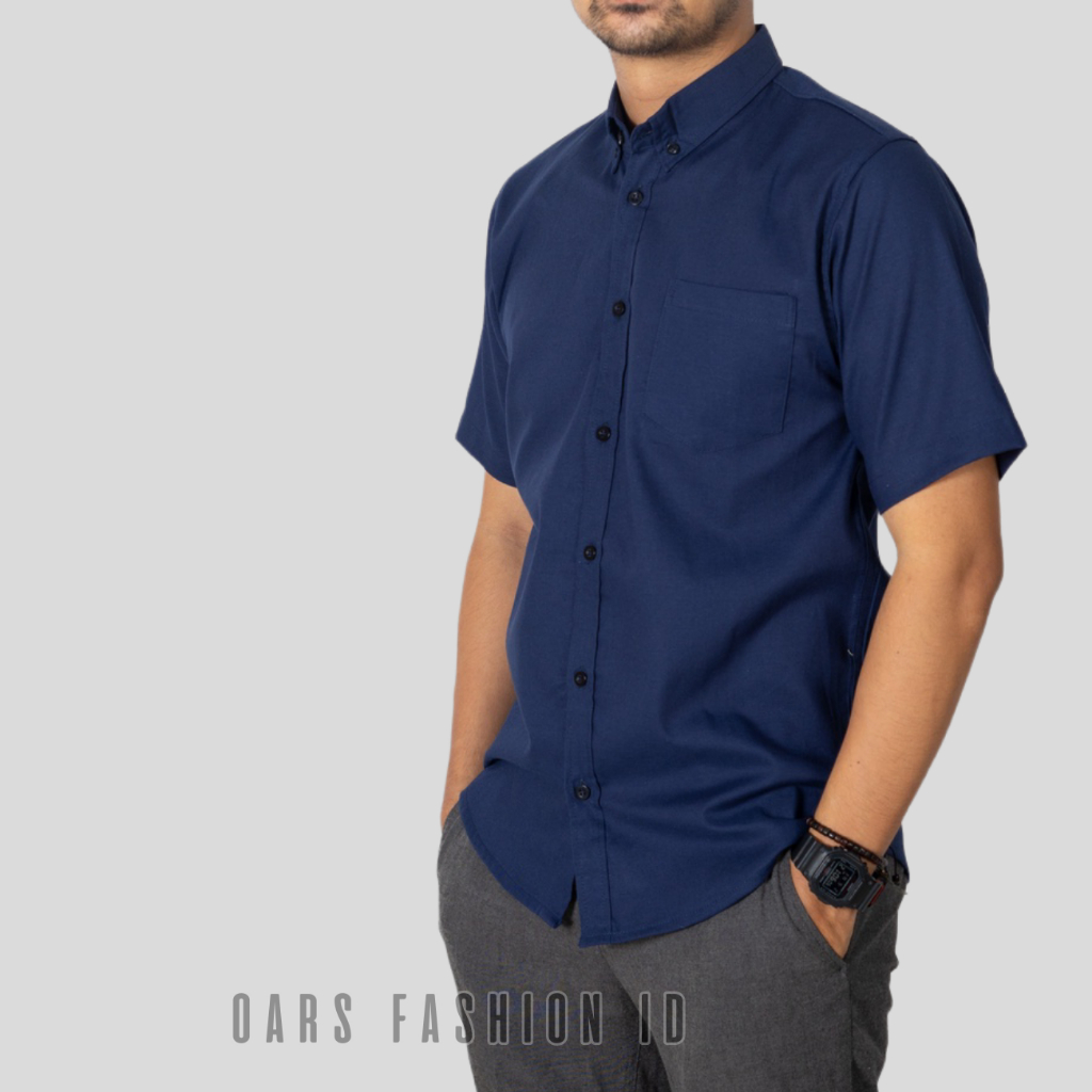 kemeja pria basic polos pendek slimfit jumbo casual warna hitam biru navy hijau army sage merah maroon marun abu muda