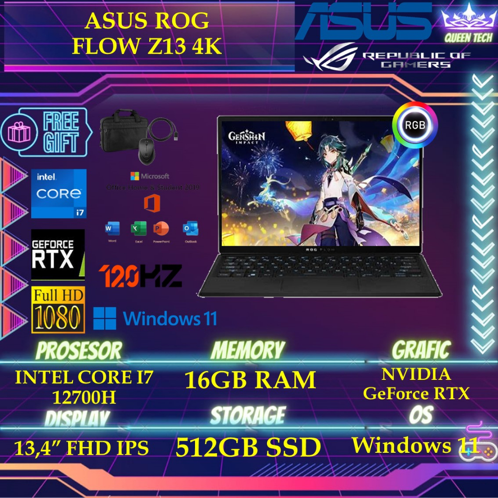 Asus ROG FLOW Z13 4K - RTX3050 4GB - i7 12800H 16GB RAM 512B SSD Windows 11 + OHS 13.4 Inchi