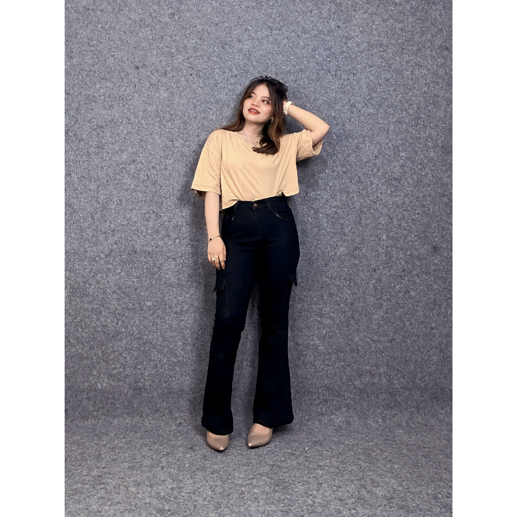 MCO - Celana Jeans Wanita - Cutbray Kargo Black Kasual Denim Panjang Kecil Jumbo Street style