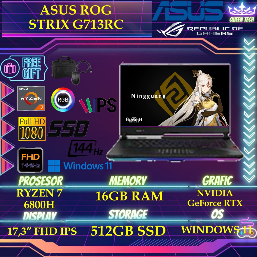 ASUS ROG G713RC R735B7GO - RTX3050 4GB RYZEN 7 6800H 16GB 512SSD WINDOWS 11+OHS 17.3 INCHI FHD 144HZ RGB