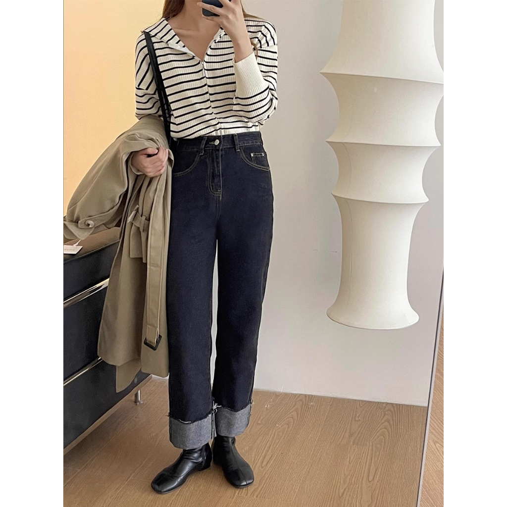 Jeans High Waist Colorblock Rolled Hems Wanita korea Style Celana Kasual Retro