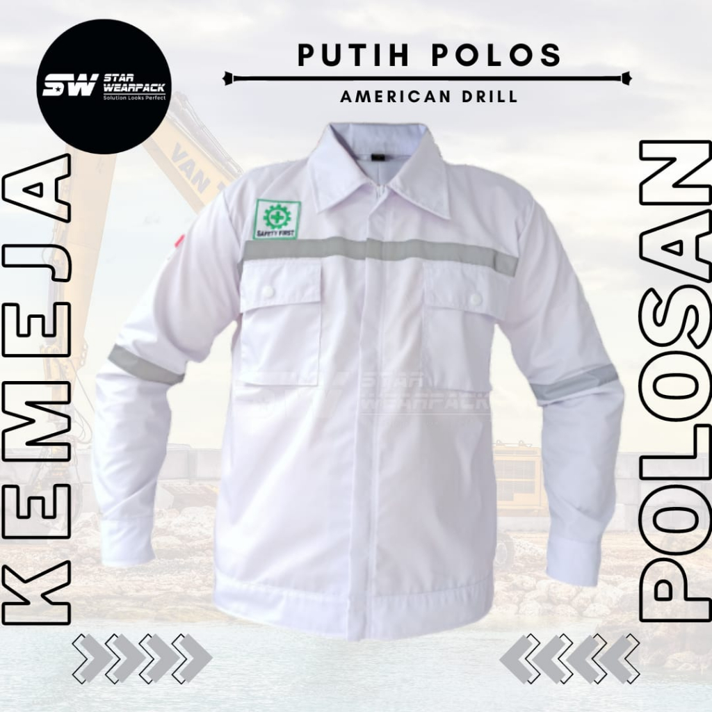 Star Wearpack - Baju Kerja Lengan Panjang Resleting  Warna Putih Polos