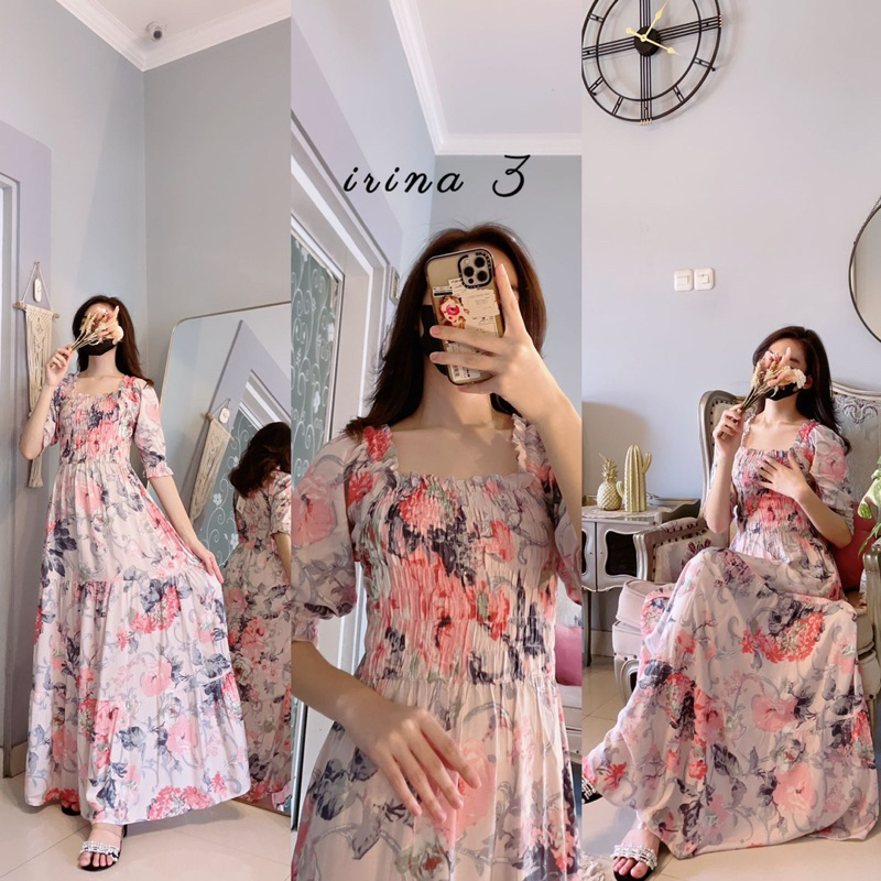 Daster Arab Fairuz IRINA Long Dress Rayon Smoke Flowy super Klok