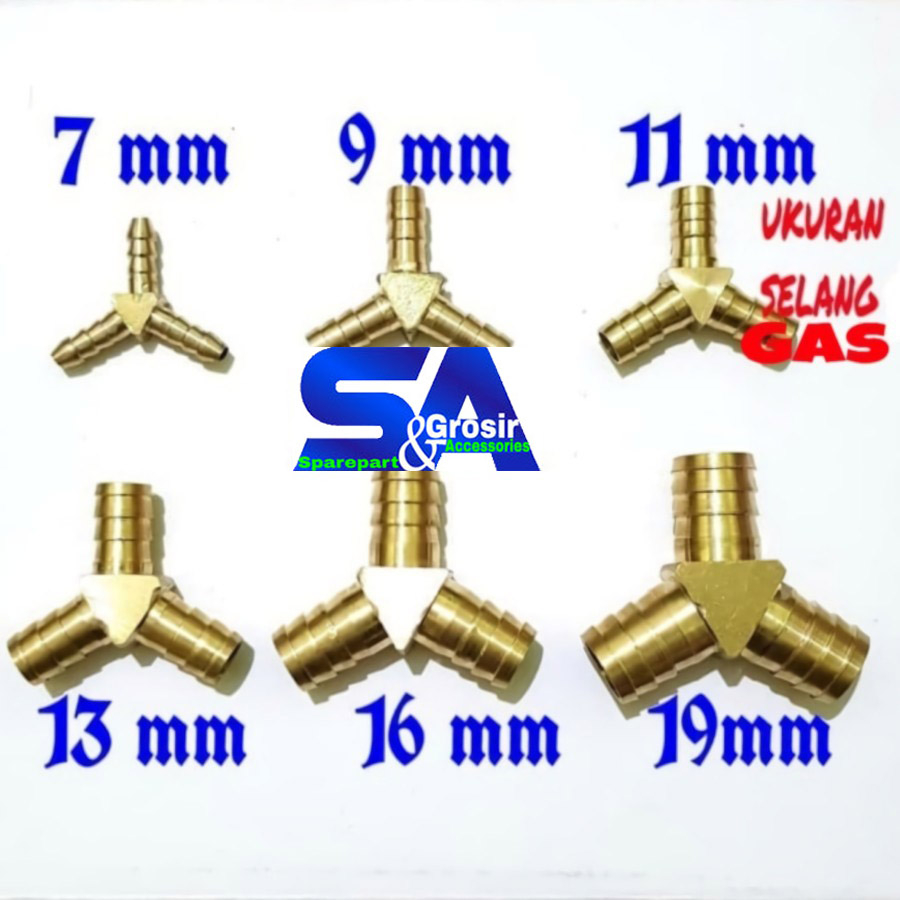 11 mm Nepel Cabang 3-Y-T Selang Regulator 3/8&quot; inch KUNINGAN - Kompor Gas Umum Rumahan/Air/Kompresor