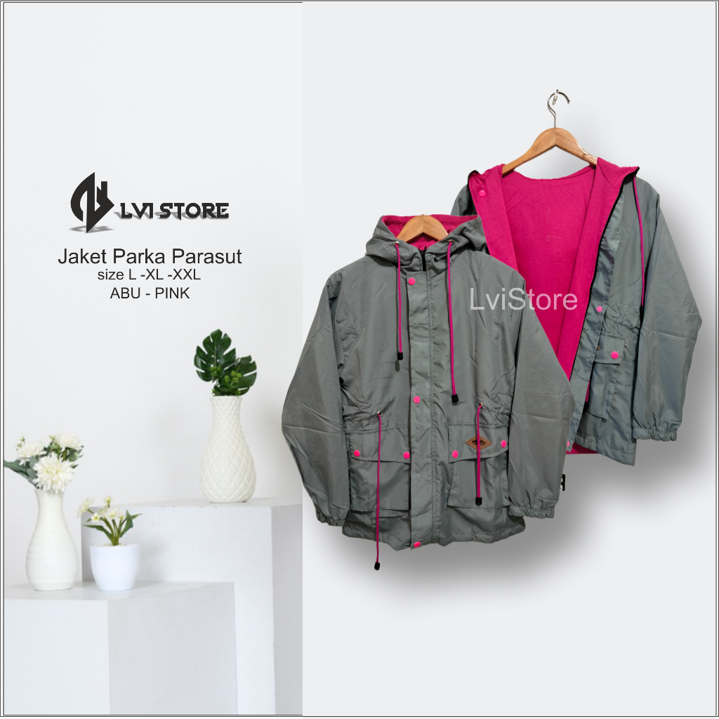 Jaket Wanita Parka Parasut Bolak Balik Polos Anti Air Warna Abu - Pink