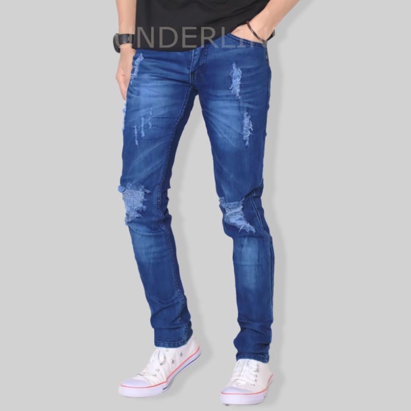 Celana Jeans Pria Sobek Lutut Panjang Slimfit Denim