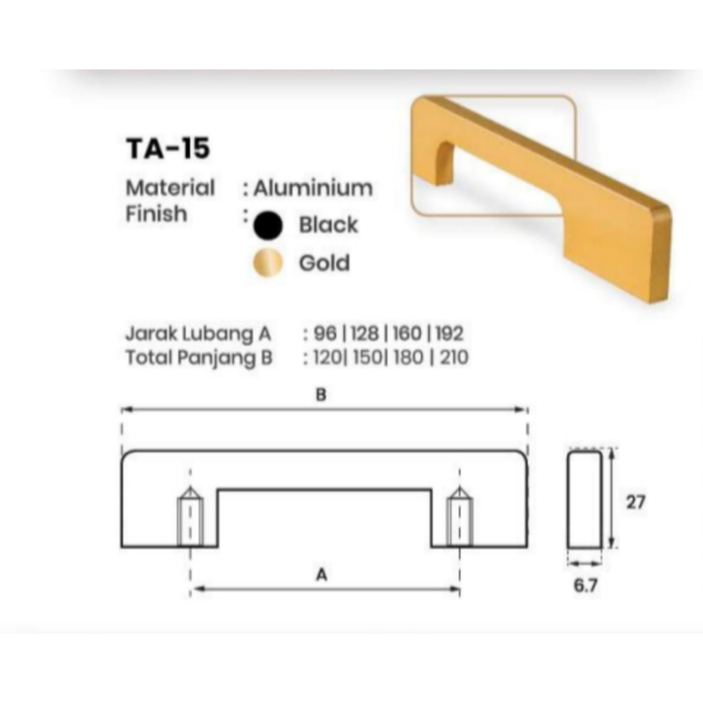 Handle Aluminium Pegangan Tarikan Laci Lemari Mebel Kitchen Set Huben TA 15