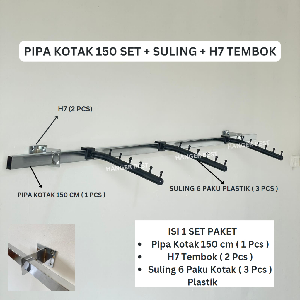 Gantungan Pipa Kotak Set 1,5 Meter Dengan Hanger Suling 3 PCS