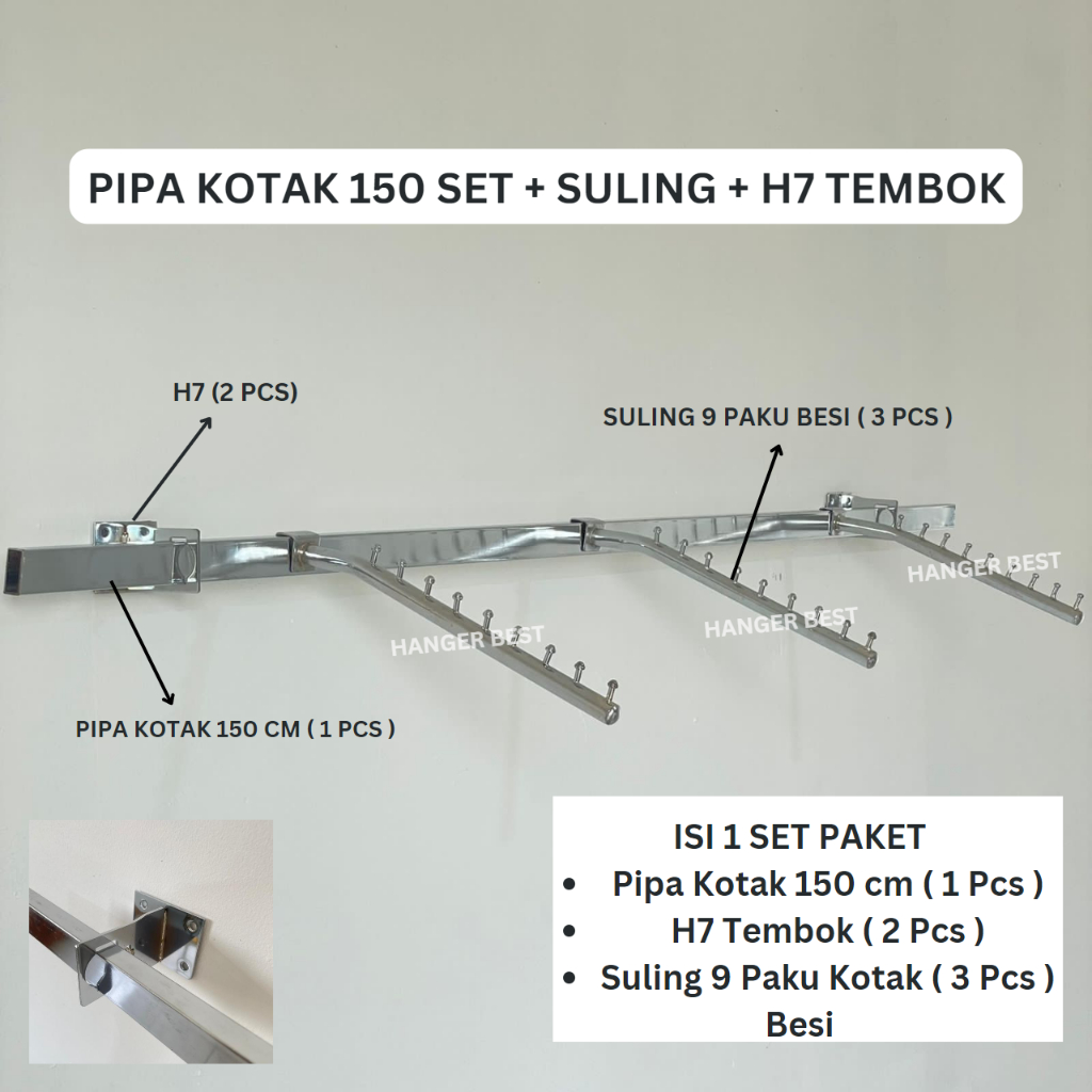 Gantungan Pipa Kotak Set 1,5 Meter Dengan Hanger Suling 3 PCS