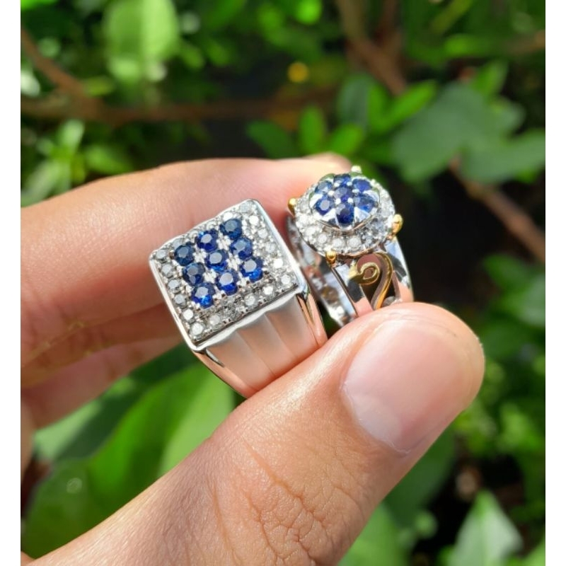 cincin perak capel atas batu safir keliling berlian eropa asli free memo