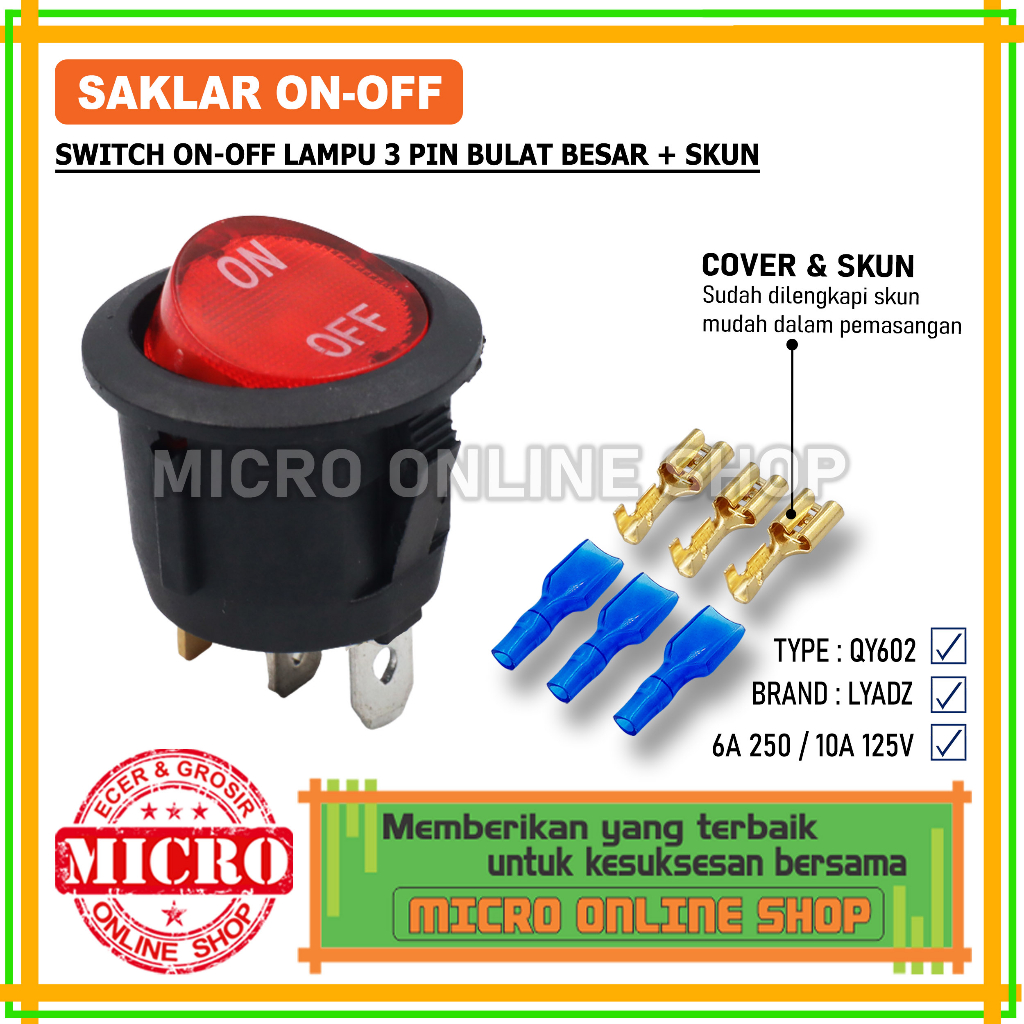 Switch On-Off Lampu 3 Pin Bulat + Skun / Saklar On Off Bulat 3 Kaki