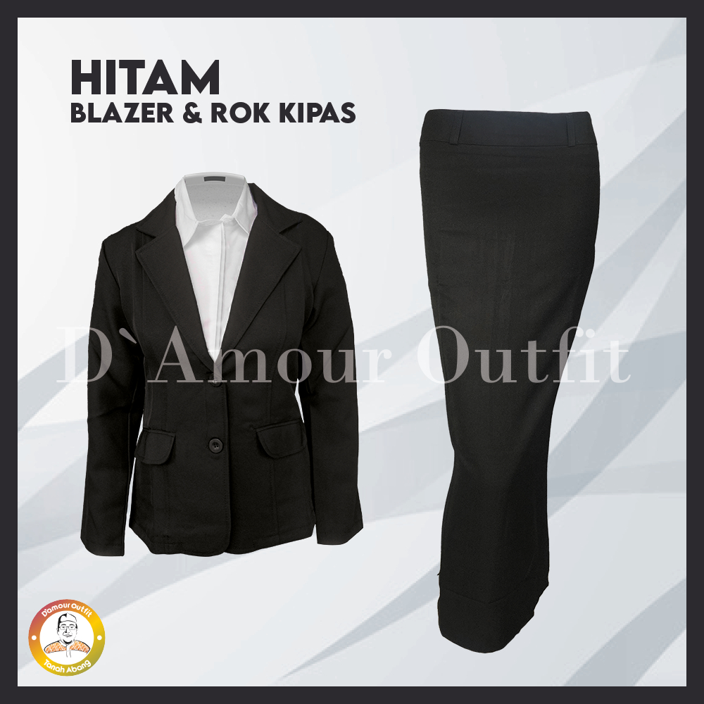 One Set Setelan Jas Blazer Rok Kipas Rempel Panjang Wanita Stelan Jas Kerja Kantor Cewe Polos Dewasa Anak Jaket Blezer Kancing Cewek Pakaian Formal Kantoran Dasar Hitam Abu Span Jumbo Big Size Cardigan Kain Outer Perempuan Korea