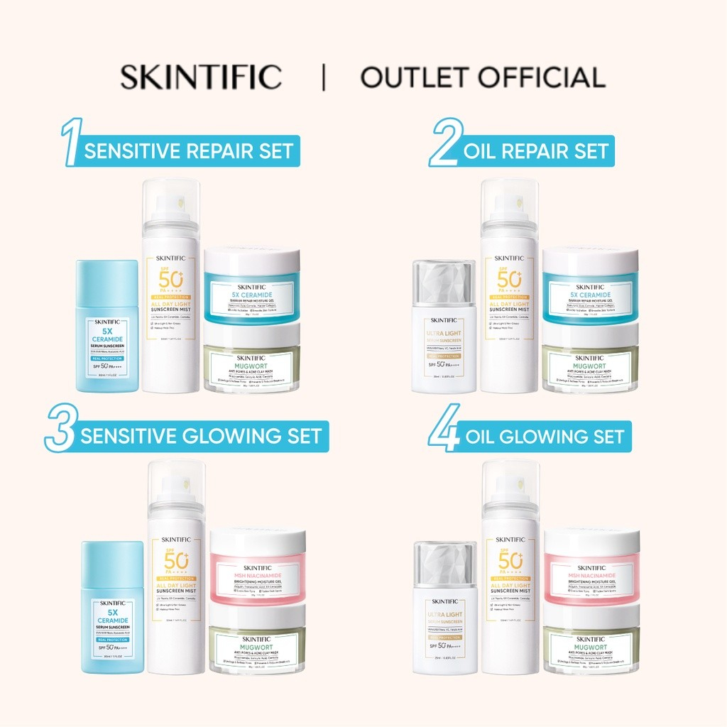 【OUTLETS】SKINTIFIC 4pcs Paket Skincare with Sunscreen - Barrier Pepair moisture gel Moisturizer /Glowing Niacinamide Moisturizer/Mugwort Clay Mask Mud Mask Masker Wajah /Sunscreen Spray Sunblock