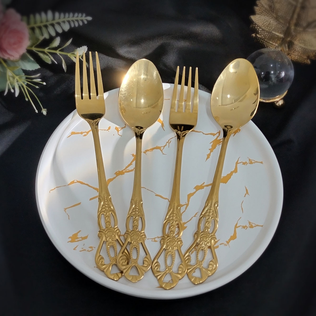 NEXXIO Sendok Garpu Pisau Gold 6pcs Motif Bunga Batik Bahan Super Premium - Stainless Steel Tebal Gold/Set Alat Makan