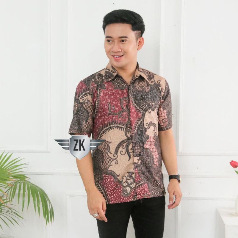 Batik Pria Lengan Pendek Premium halus HRB026 motif KERATONAN Kode 002 size M L XL XXL reguler