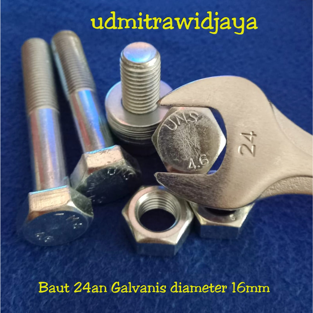 Baut kunci 24 M16 p2.00 panjang 3cm 4cm 5cm 6cm 7cm 8cm 9cm 10cm baut galvanis M16 16mm kunci 24an 24mm baut truck baut mesin penggiling baut pangkon motor baut bego baut as roda gila baut industri baut suport mesin