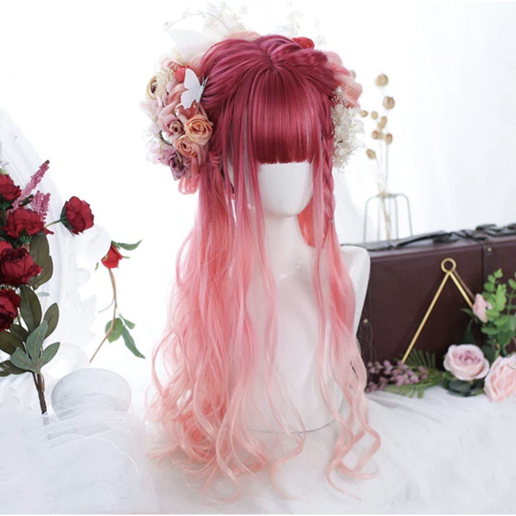 LOL-17 wig rambut palsu lolita cosplay harajuku daily kpop idol merah gradasi pink rose