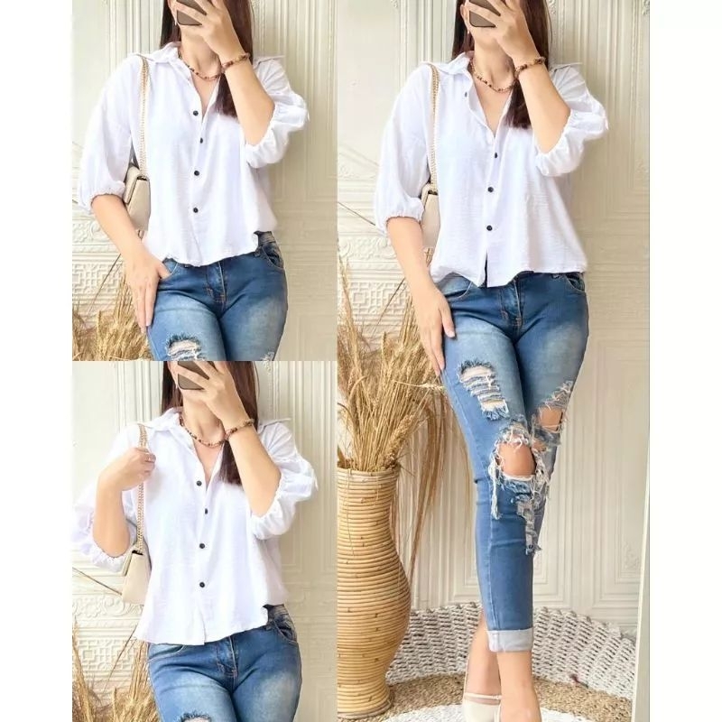 KEMEJA ZALOORA CROP/KEMEJA CROP WANITA/KEMEJA BLOUSE LENGAN 7/8 KOREAN STYLE