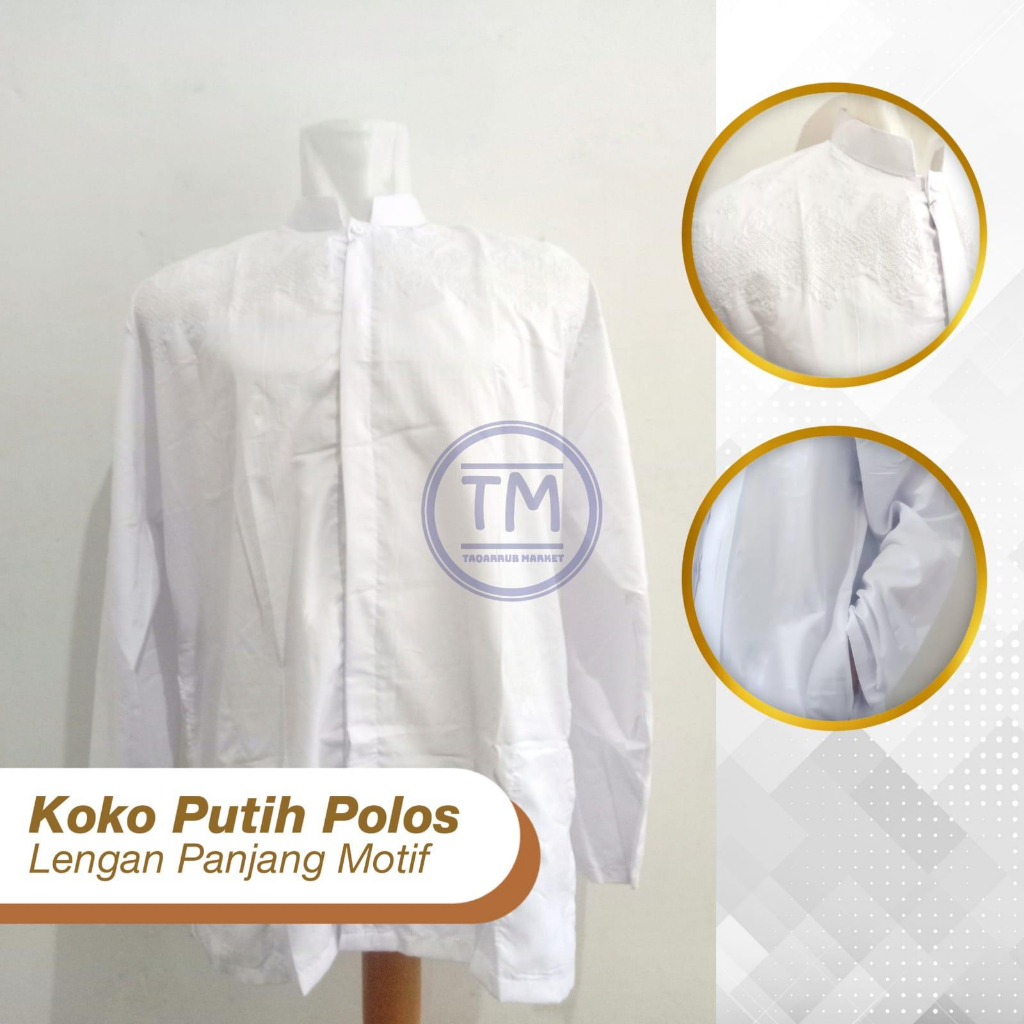 Baju Koko Murah Putih Polos Baju Koko Lengan Panjang Putih Motif Dada Baju Koko Pria Kemeja Pria - Zalzabila