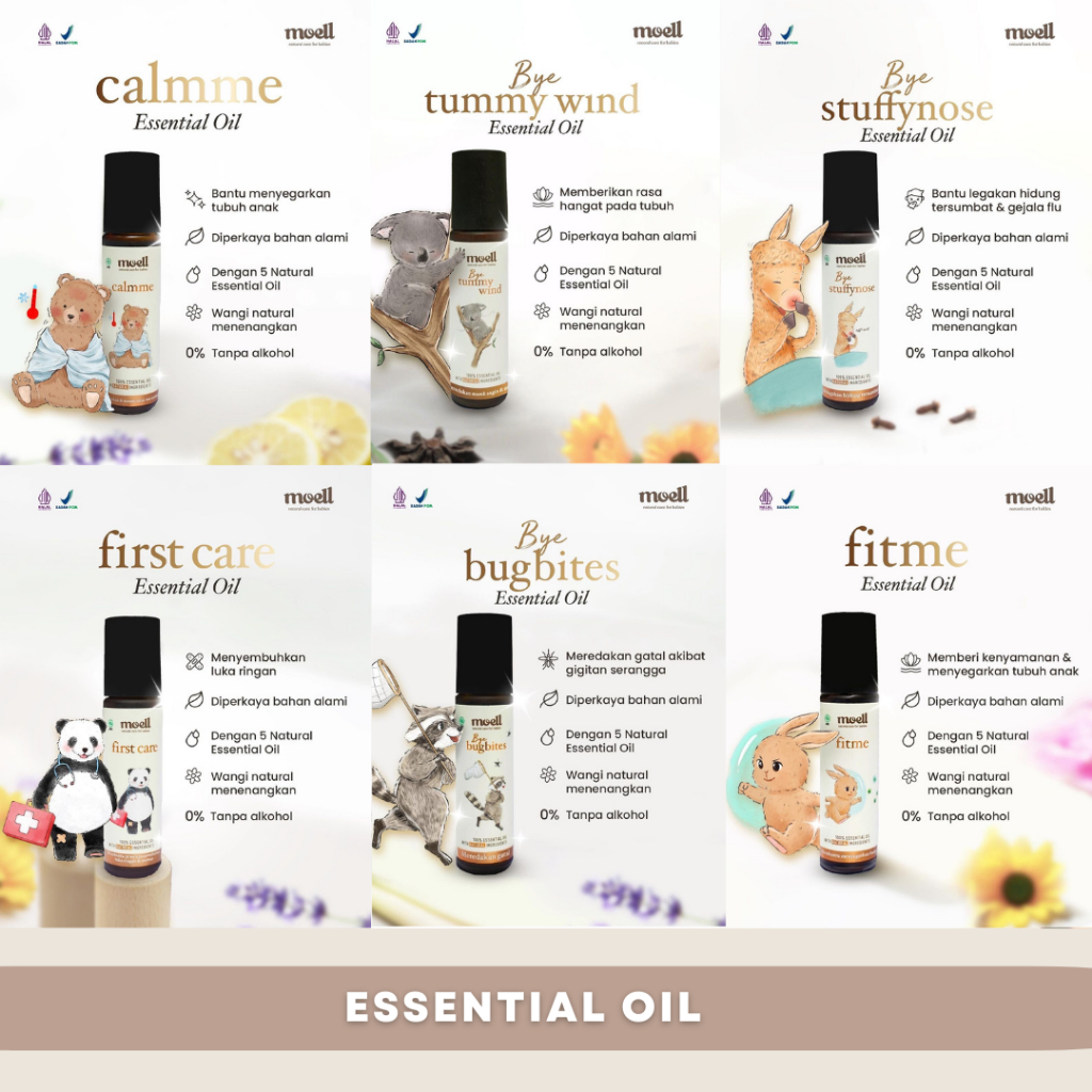 MOELL NATURAL ORGANIK ESSENTIAL OIL TUMMY WIND STUFFY NOSE CALM ME FIT ME BUG BITES FIRST CARE TANGERANG