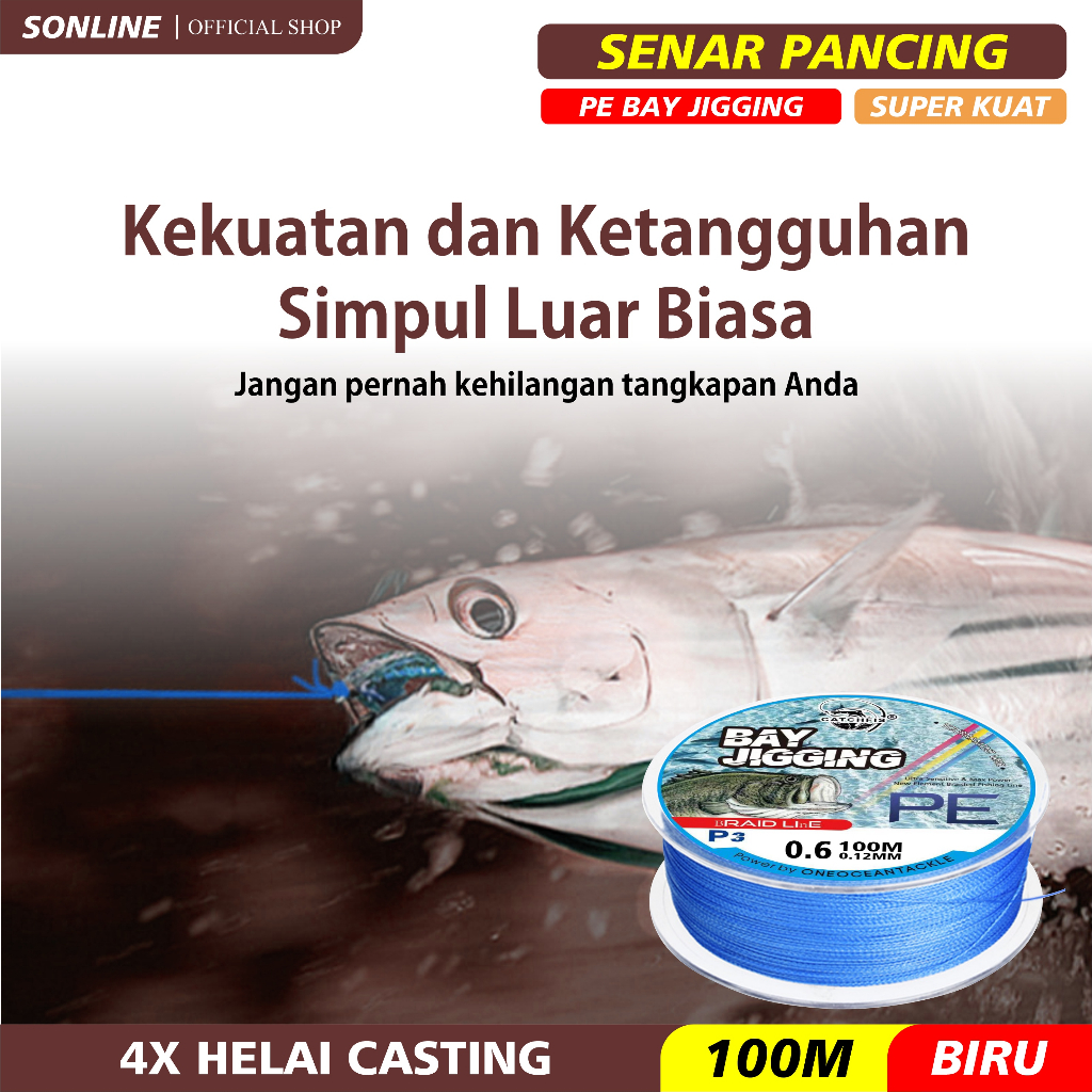 SONLINE - Senar Pancing PE Warna Biru 100M PE Fishing Line Strength 6.80kg-50.5kg Sangat kuat Senar Pancing PE X4 Bay Jigging Biru