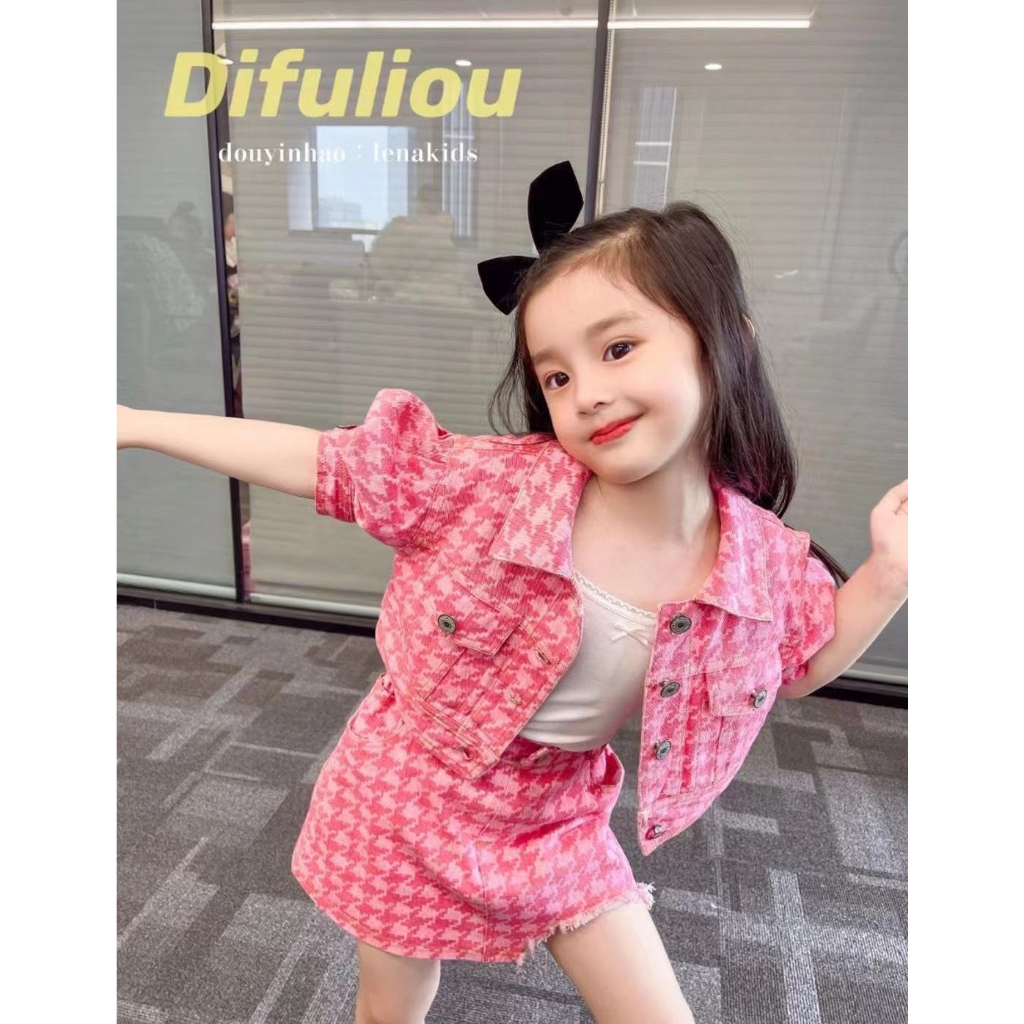 Setelan Mini Rok Anak Perempuan Jacket Jeans Crop Pink