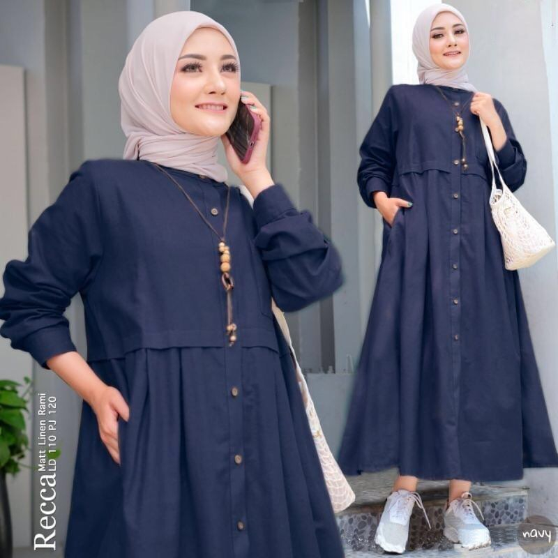 Baju Dress Wanita Muslim Terbagus Kekinian 2023 New Recca Midi Dress Gamis Linen Rami Busui Kancing Depan Fashion Muslim Kekinian Gamis Wanita Muslim Long Tunik Outfit Terbaru