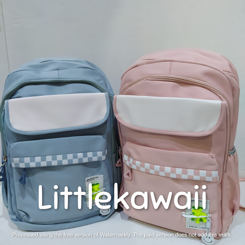 LK/Tas Ransel Laptop Backpack Parasut Sekolah Fashion Korean Style Anak Remaja Dewasa Pin Bear Smile Kantong Depan Import