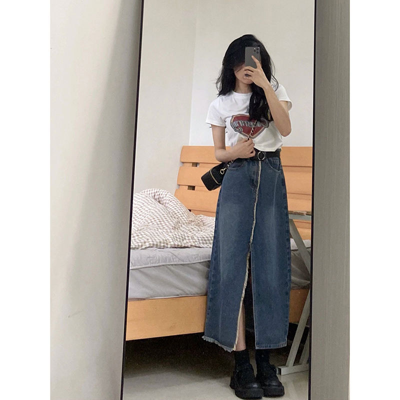 Rok denim split gaya Korea rok a-line wanita berpinggang tinggi sedang untuk menutupi rok pinggul selangkangan