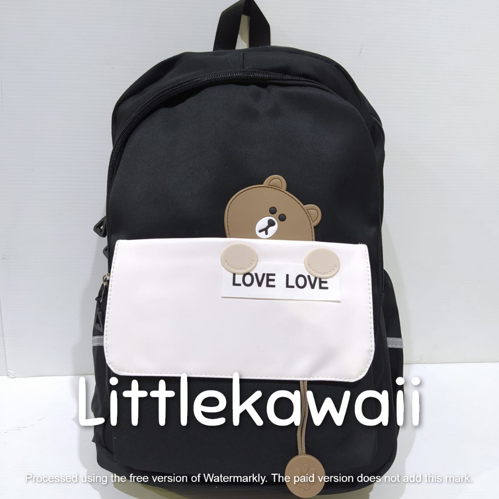 LK/Tas Ransel Laptop Backpack Parasut Sekolah Fashion Korean Style Anak Remaja Dewasa Sleep Bear Love Kantong Depan Import