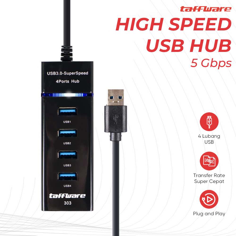 Taffware High Speed 4 Ports USB HUB 3.0 Adapter 5Gbps for Laptop PC / Notebook / Computer - 303 - Black