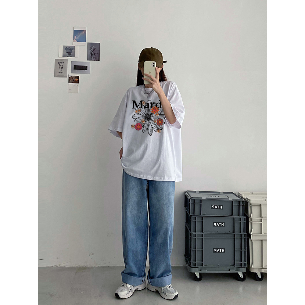 XiaoZhaiNv Kaos Atasan Oversize Wanita Little Daisy Pattern Lengan Pendek A0938