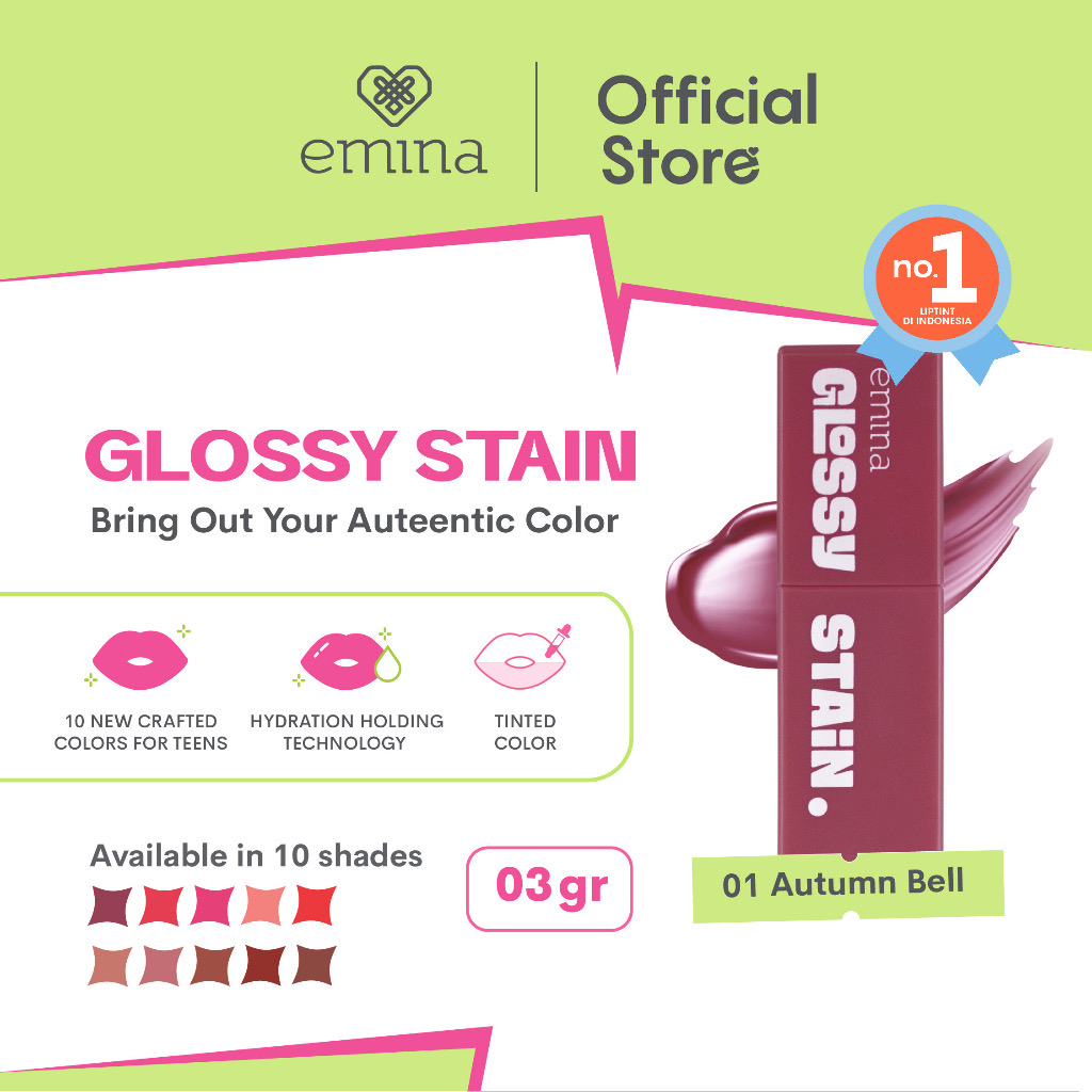 EMINA Glossy Stain Indonesia / Lipstick Facial Wash Face Scrub Essence Toner Serum Day Night Eye Cream Sunscreen Sheet Sleeping Clay Mask Masker Moisturizing Lip Tint Matte Gloss / Bright Stuff Ms Pimple Acne Solution Sun Protection Battle Spf Gel Paket