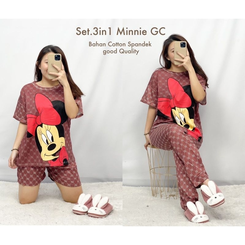 MDLV ~ BAJU TIDUR SET 3IN1 MINNIE GC MAROON BAJU TIDUR IMPORT BEST SELLER PIYAMA DEWASA IMPORT