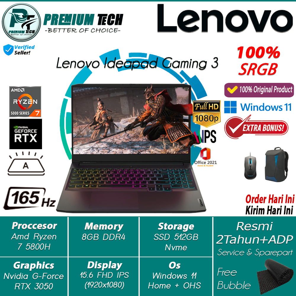 Laptop Lenovo Ideapad GAMING 3 15 Amd Ryzen 5 5600H Ram 16Gb 512Gb Ssd Nvidia geforce Rtx 3050 Fhd Ips 165HZ Windows 11 + OHS Original