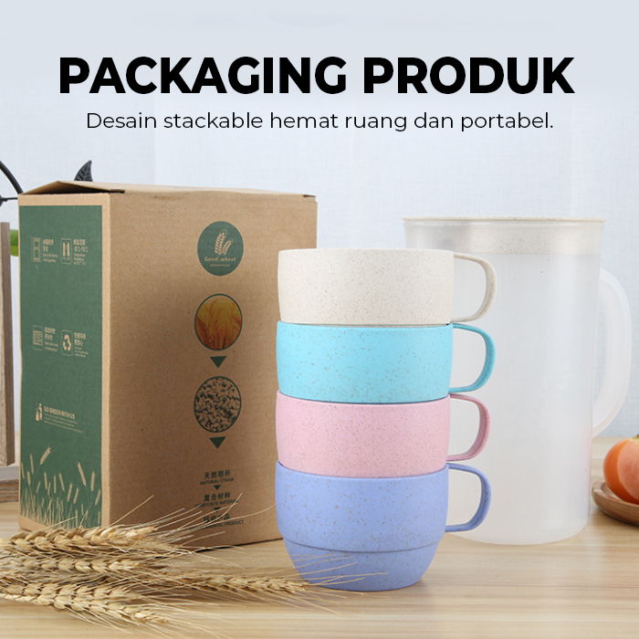 Teko Set Gelas 4 pcs 1600mL Ketel Bahan Plastik / Wheat Straw BPA Free - Kettle / Pitcher Teko Dan 4 Gelas Cangkir Tahan Panas / Teko Gelas Set Termurah - CF-11 - Tool Master