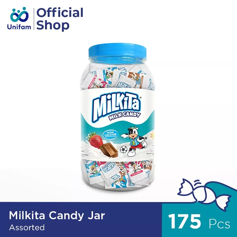 

Milkita Candy Jar Assorted Festive (1 Toples Isi 175pcs) - Toples Permen Milkita Rasa Susu, Cokelat & Stroberi