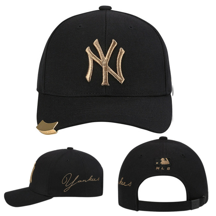 Topi Baseball Cap NY New York Hitam Emas Metal Plat Black Gold MLB IMPORT Korea