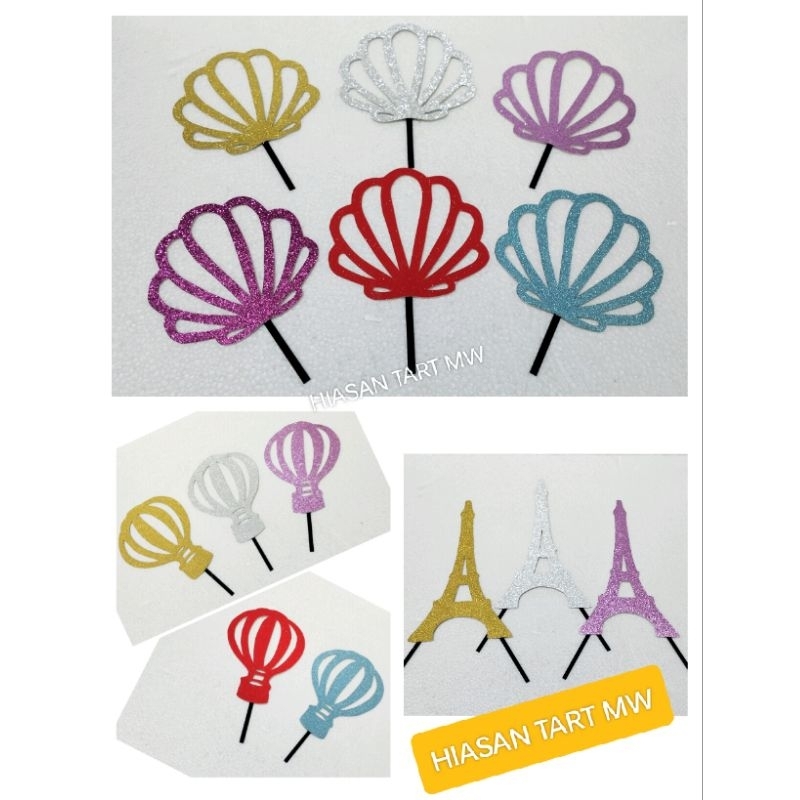 Topper Kue Kertas Glitter Kerang Balon Udara Eifel / Cake Topper Dekorasi Kue