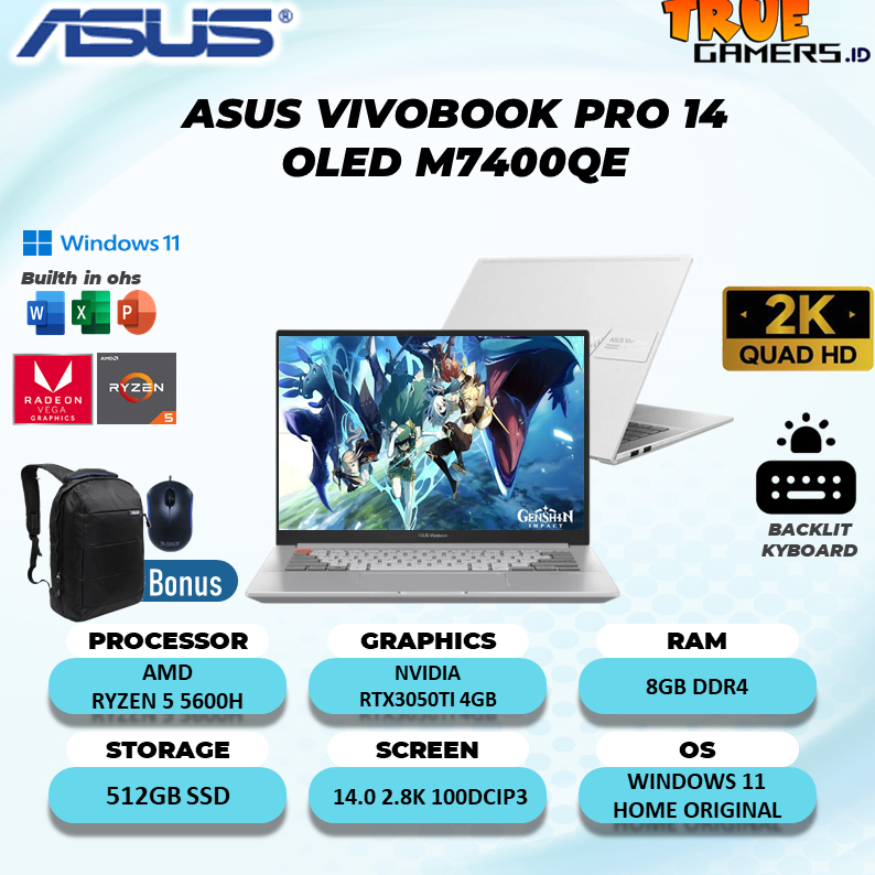 Laptop Asus Vivobook PRO 14 OLED M7400QE RTX3050TI 4GB Ryzen 5 5600H 8GB 512SSD W11+OHS 14.0 2.8K 100DCIP3