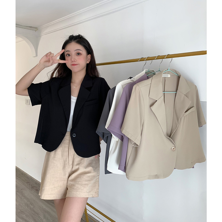 Atasan top blazer Jas Kerah Lengan Pendek Kemeja Jaket wanita korea desain chic style